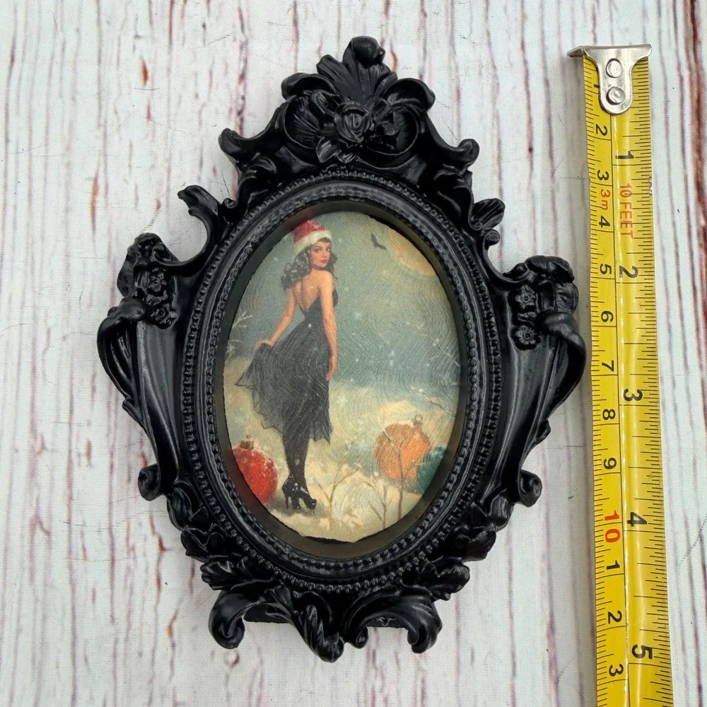 Vintage Pinup Girl Christmas Art Black Ornate Resin Frame Decoupage